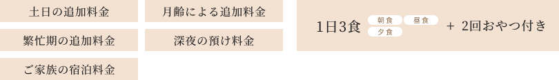 土日の追加料金・繁忙期の追加料金・ご家族の宿泊料金・月齢による追加料金・深夜の預け料 ＆ 1日3食(朝食・昼食・夕食)＋2回おやつ付き