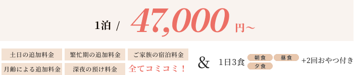 1泊/4,7000円〜 土日の追加料金・繁忙期の追加料金・ご家族の宿泊料金・月齢による追加料金・深夜の預け料金全てコミコミ！ ＆ 1日3食(朝食・昼食・夕食)＋2回おやつ付き